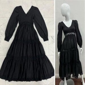 WIDOW Black puff long sleeve lacy tiered cottagegore empire waist maxi dress S